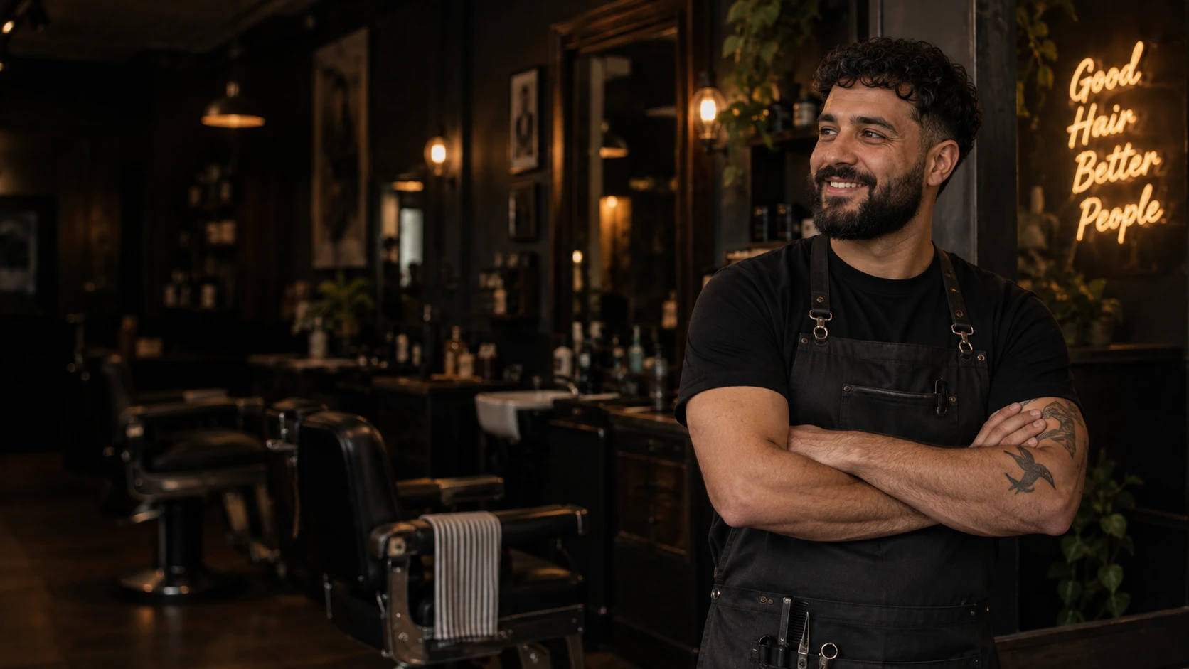 A smiling barber in his independent barbershop